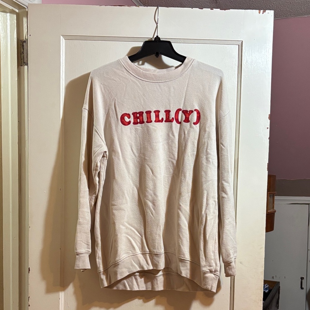 Aerie Cream Sweatshirt with Red Chill(y) Text